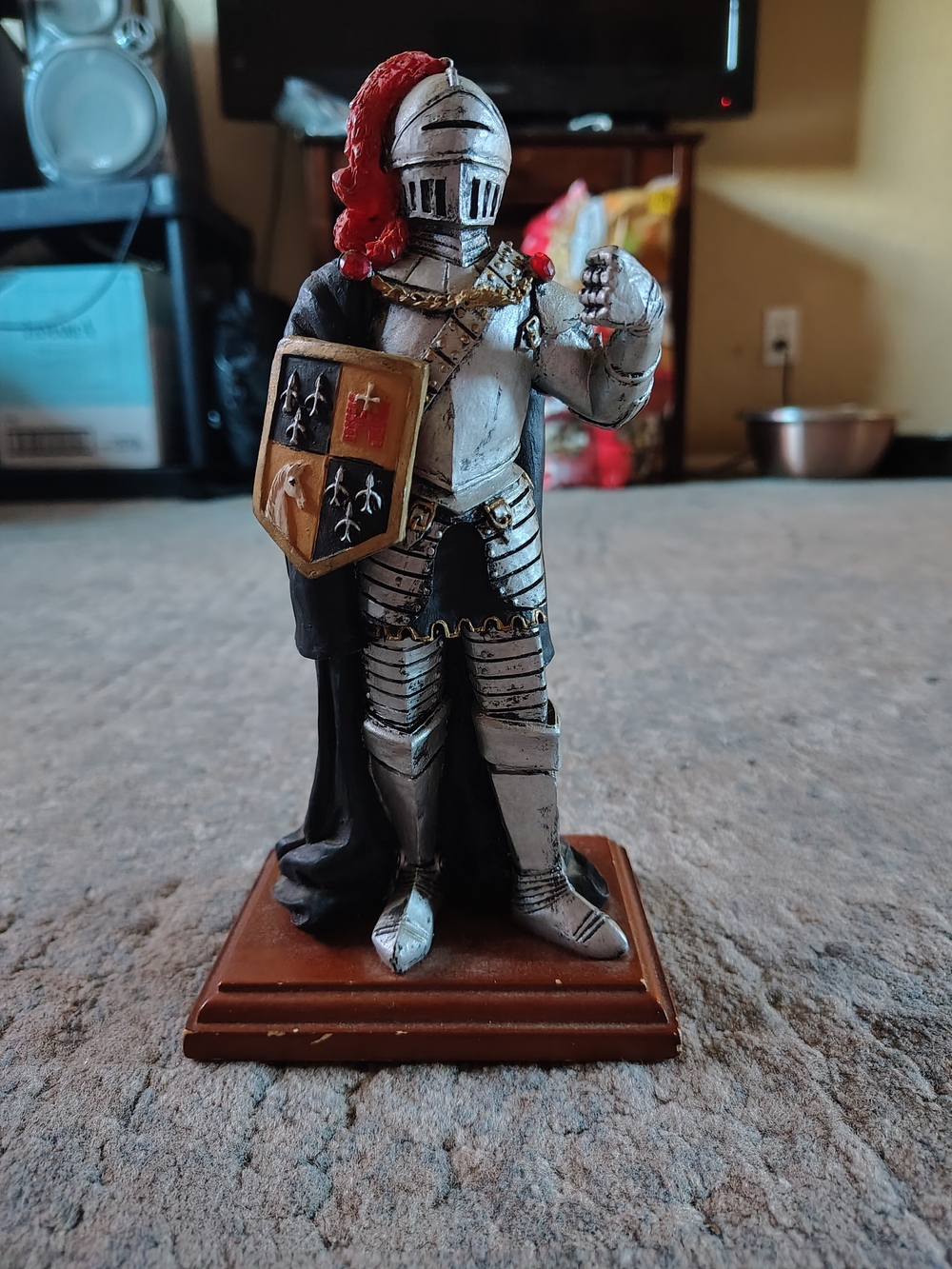 Medieval Knight Figurine with Shield - Silver & Red Accents
